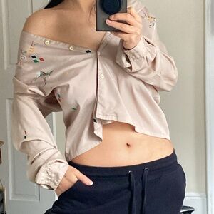 Vintage DVF Beige Button-Up Blouse with Embroidery